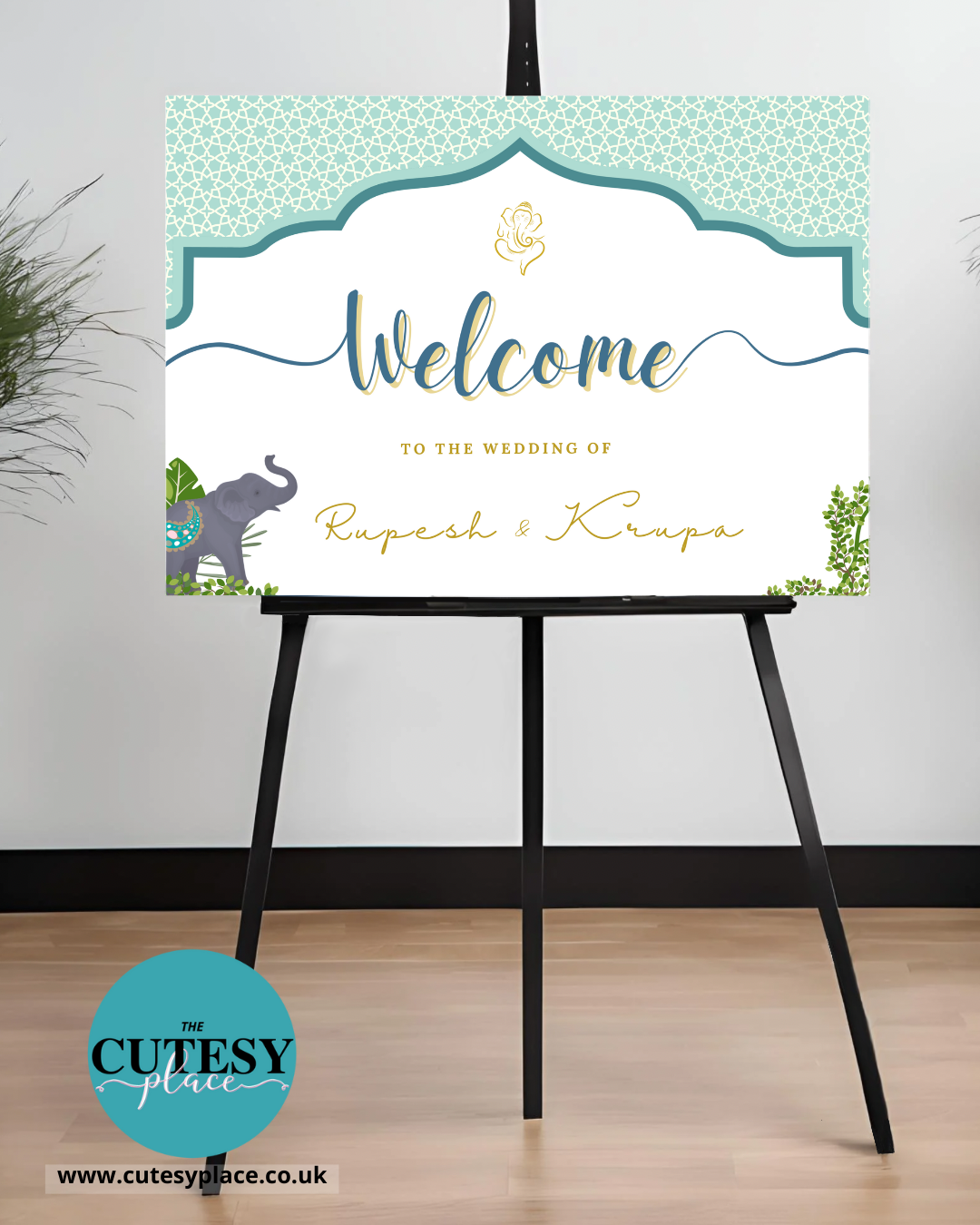 Welcome sign for a wedding on an easel with decorative elements and 'The Cutesty Place' branding.