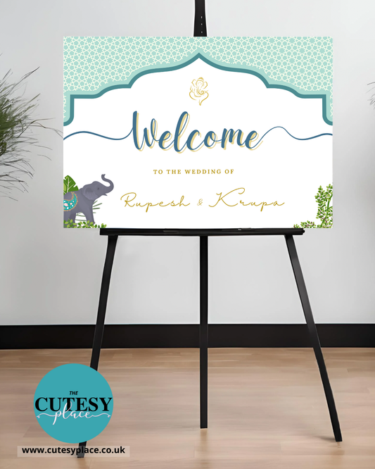 Welcome sign for a wedding on an easel with decorative elements and 'The Cutesty Place' branding.