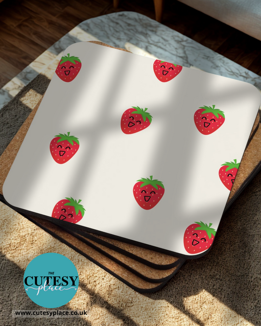 Placemat with strawberry pattern on a wooden surface